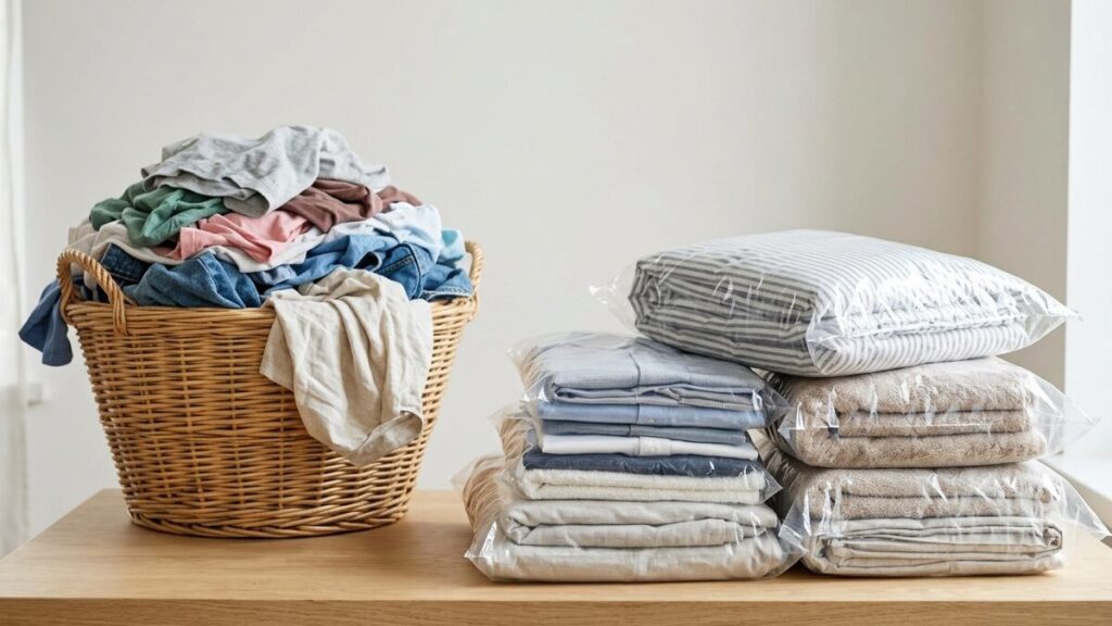 A basket of unfolded laundry next to folded laundry packed in clear bags