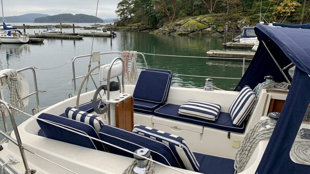 Navy and white boat cushions in a sailboat cockpit at a marina on the Saanich Peninsula