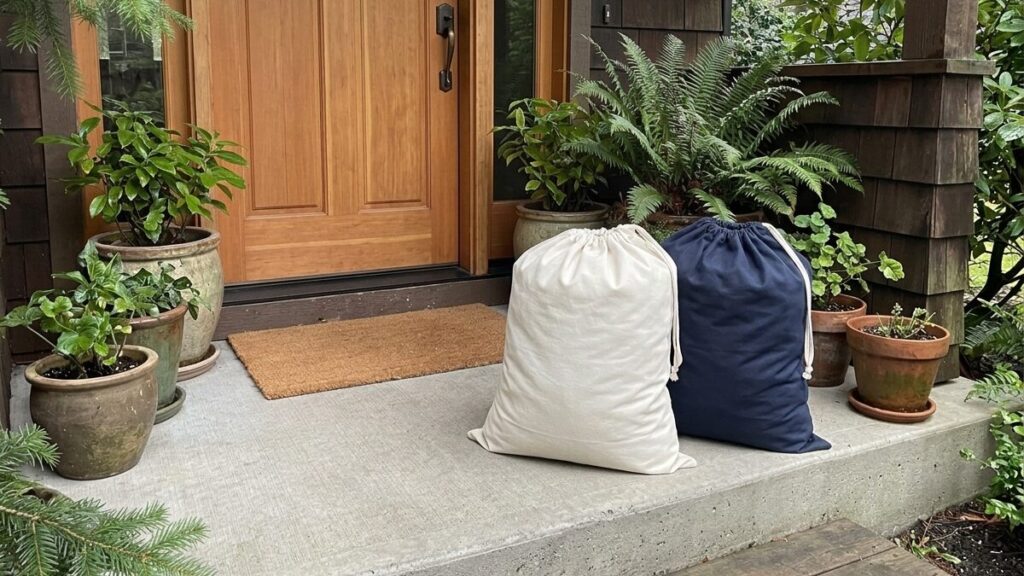 Two drawstring laundry bags waiting on a front step for pickup and delivery